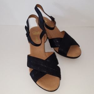 Clarks black leather snakeskin cork wedge sandals